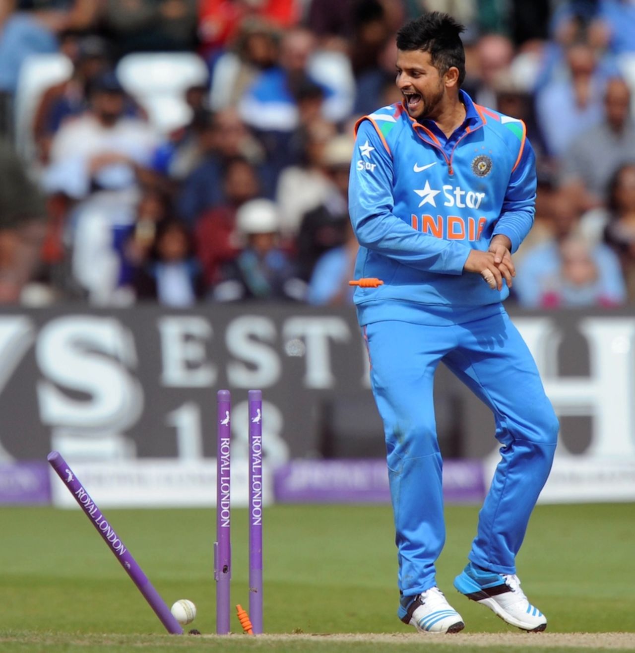 Suresh Raina is pleasantly surprised by the direct hit from Mohit Sharma, England v India, 3rd ODI, Trent Bridge, August 30, 2014