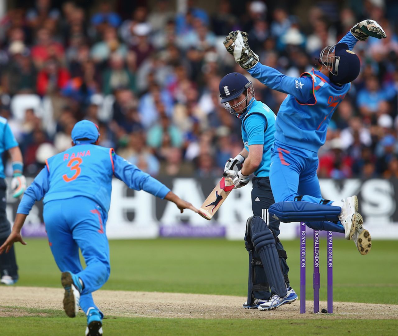 MS Dhoni leaps in the air after taking an edge off Eoin Morgan's bat, England v India, 3rd ODI, Trent Bridge, August 30, 2014