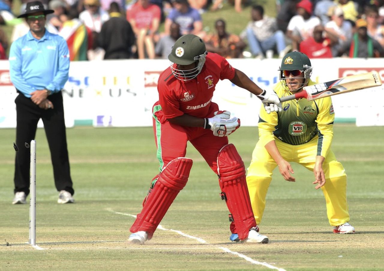 Tino Mawoyo is bowled for 15, Zimbabwe v Australia, tri-series, Harare, August 31, 2014