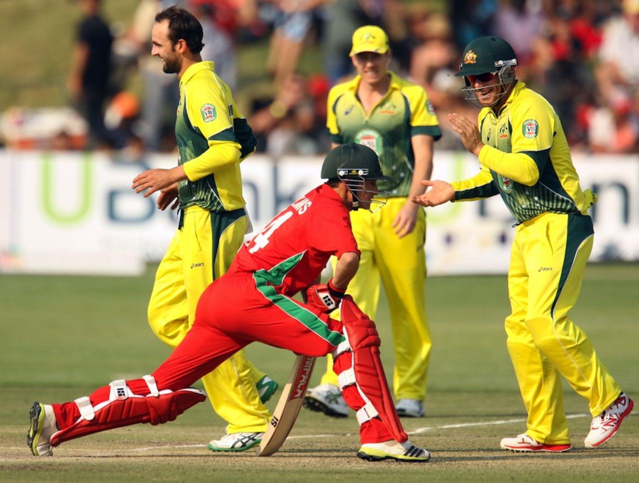 Nathan Lyon had Sean Williams caught on the reverse sweep, Zimbabwe v Australia, tri-series, Harare, August 31, 2014