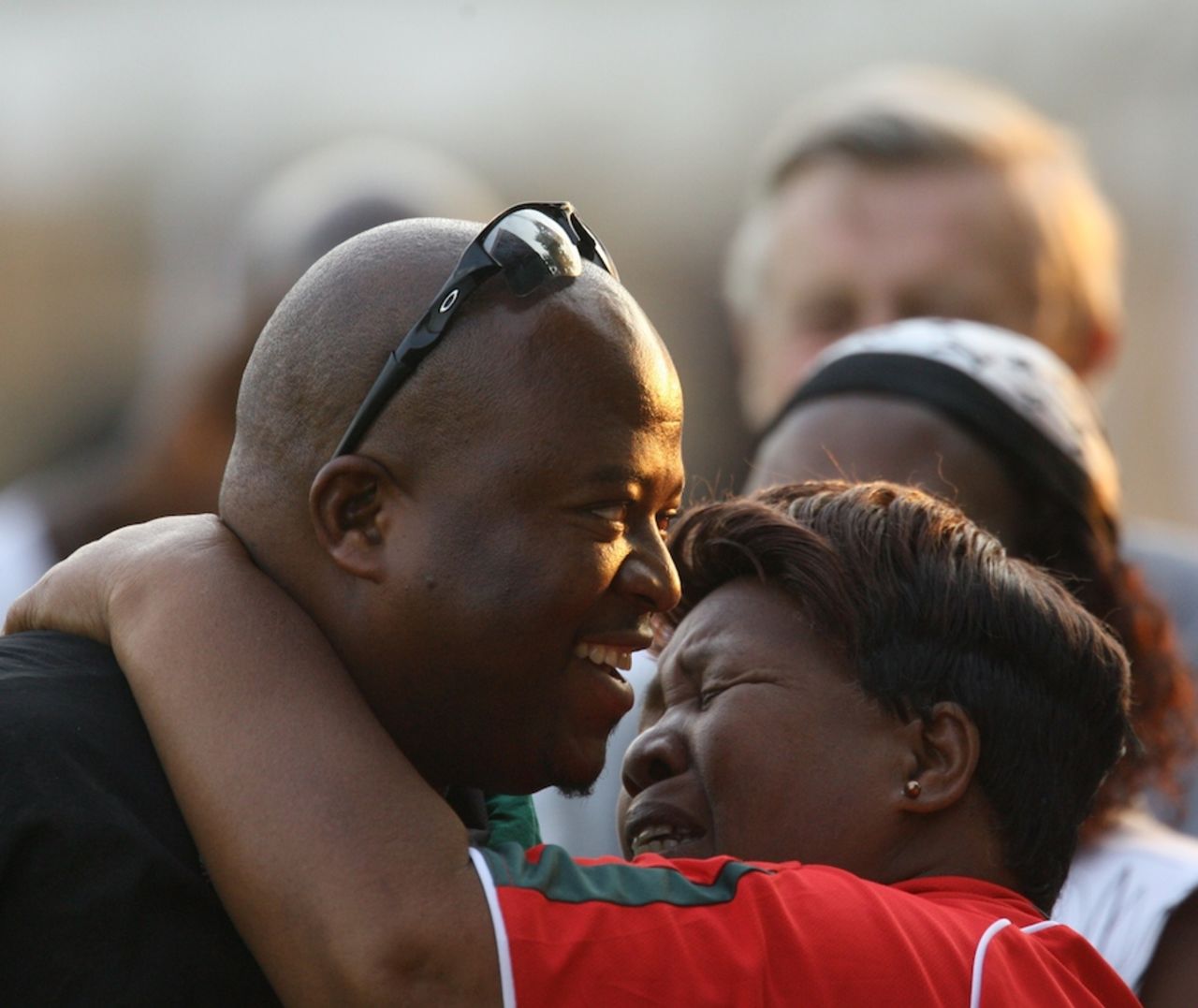 Zimbabwe coach Stephen Mangongo is congratulated by his mother, Zimbabwe v Australia, tri-series, Harare, August 31, 2014