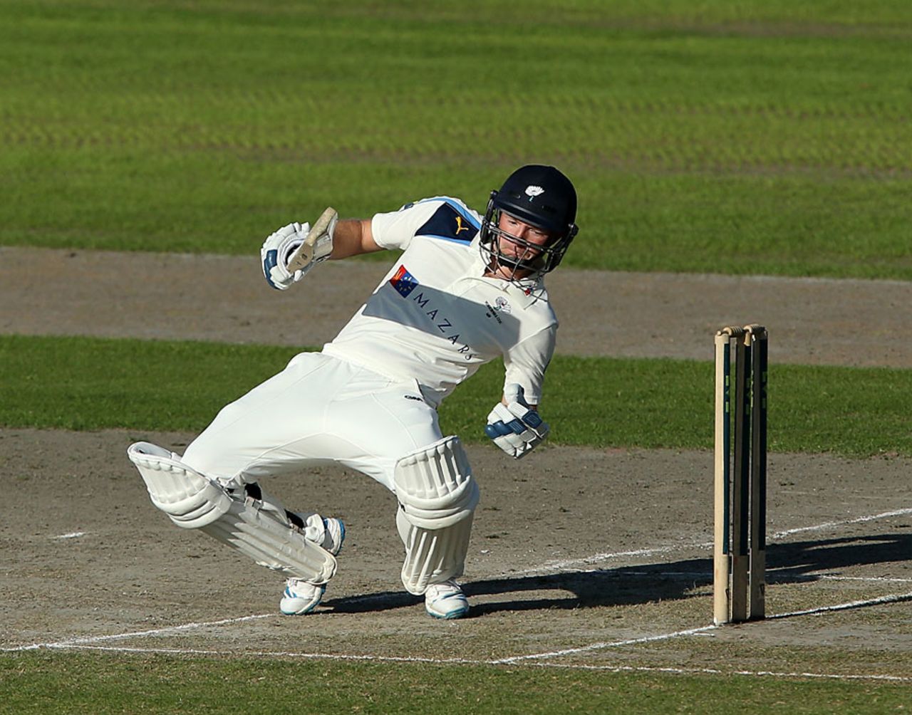 Adam Lyth sways away from a short delivery, Lancashire v Yorkshire, County Championship, Division One, Old Trafford, August 31, 2014