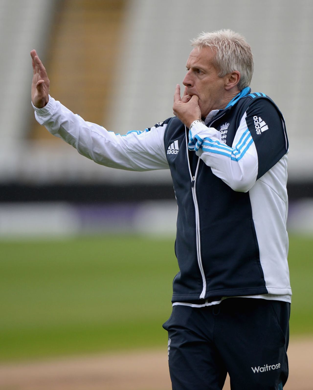 Peter Moores whistles to his troops during a training session, Birmingham, September 1, 2014