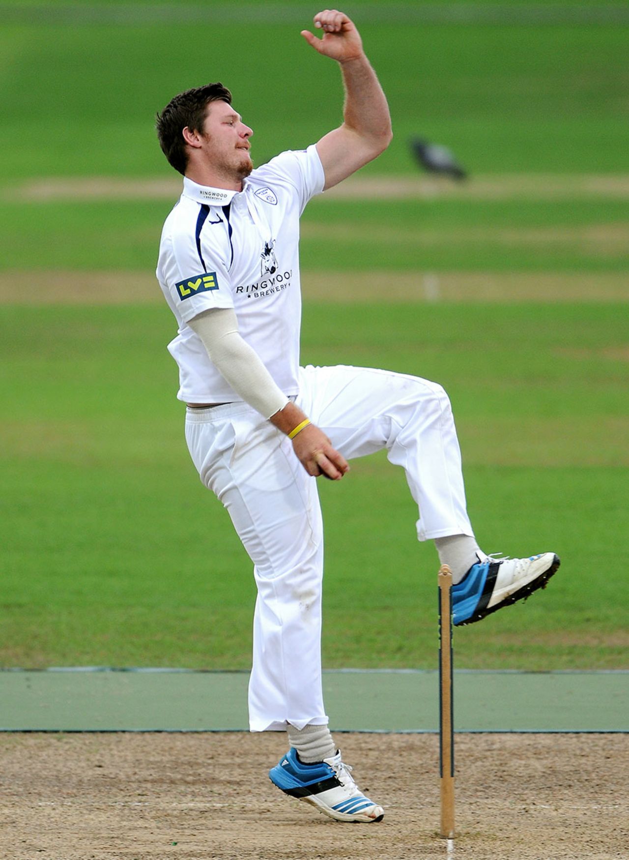 Matt Coles bustles in for Hampshire, Hampshire v Leicestershire, County Championship Division Two, Ageas Bowl, 2nd day, September 1, 2014