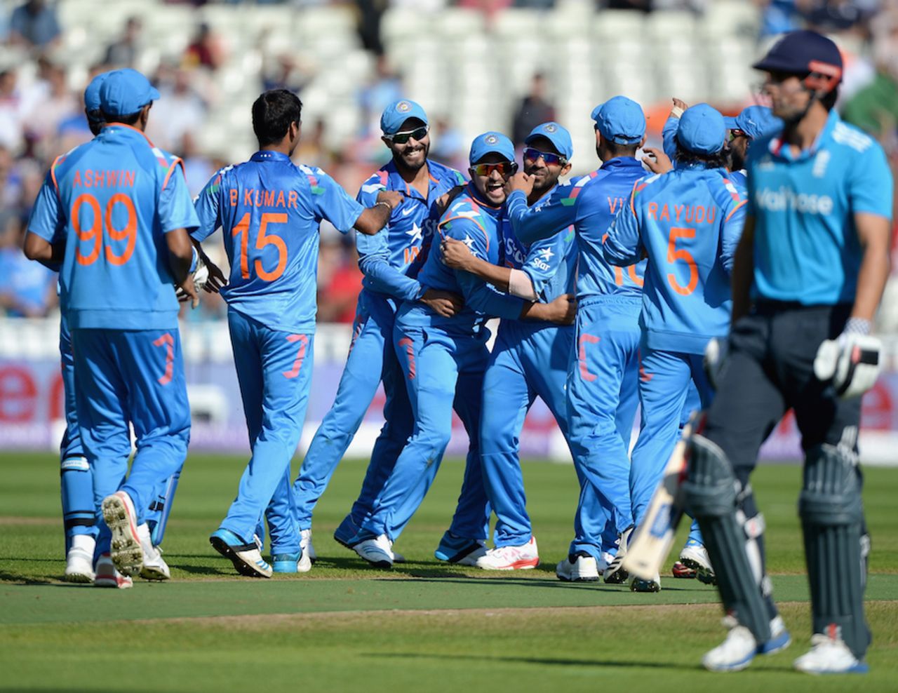 The Indian fielders celebrate Alastair Cook's dismissal, England v India, 4th ODI, Edgbaston, September 2, 2014