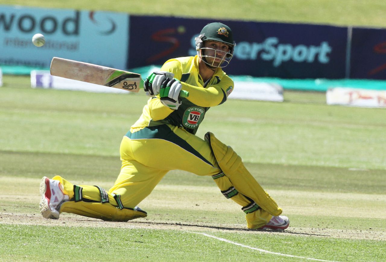 Phillip Hughes plays a sweep during his fifty, Australia v South Africa, tri-series, Harare, September 2, 2014
