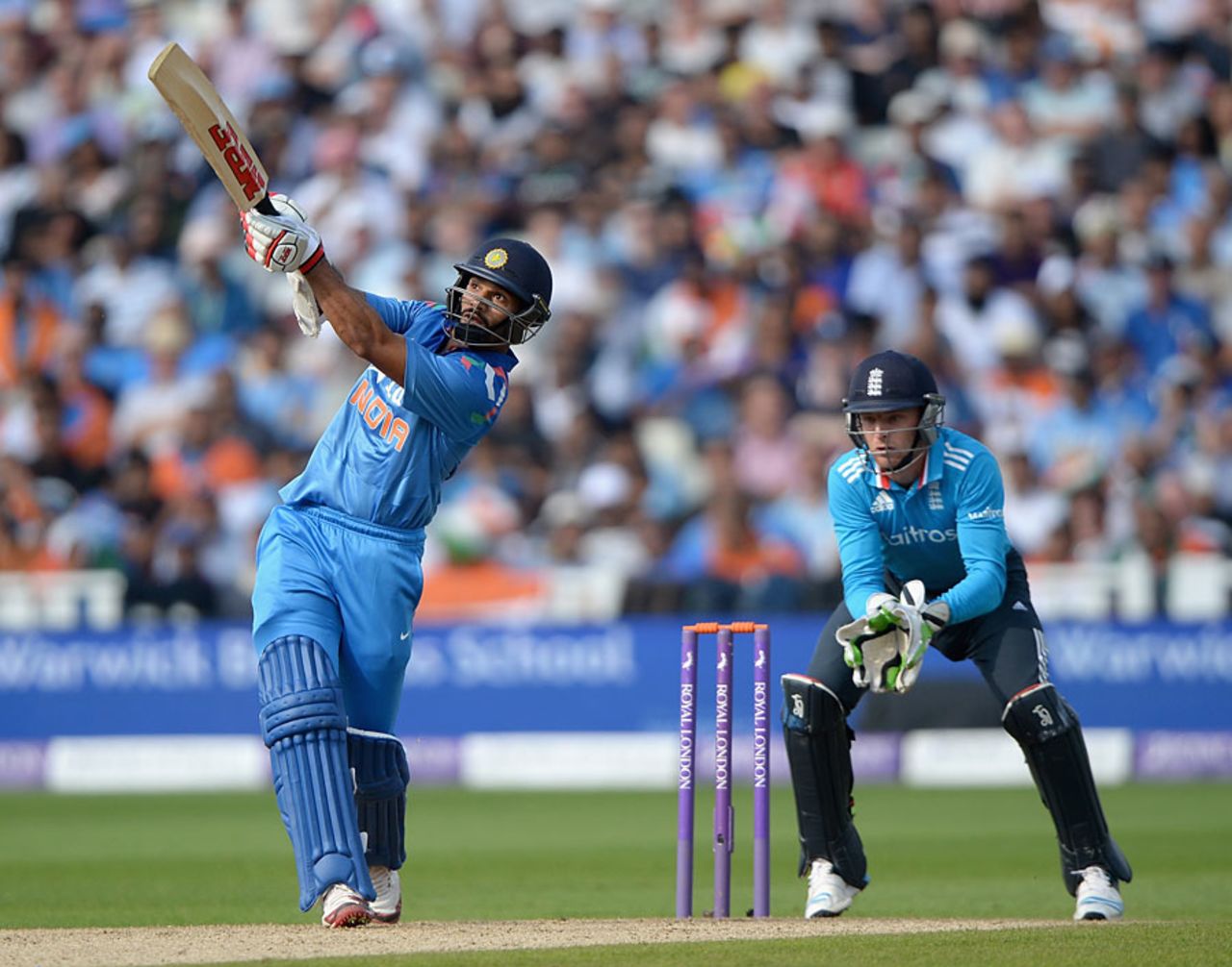 Shikhar Dhawan goes down the ground, England v India, 4th ODI, Edgbaston, September 2, 2014