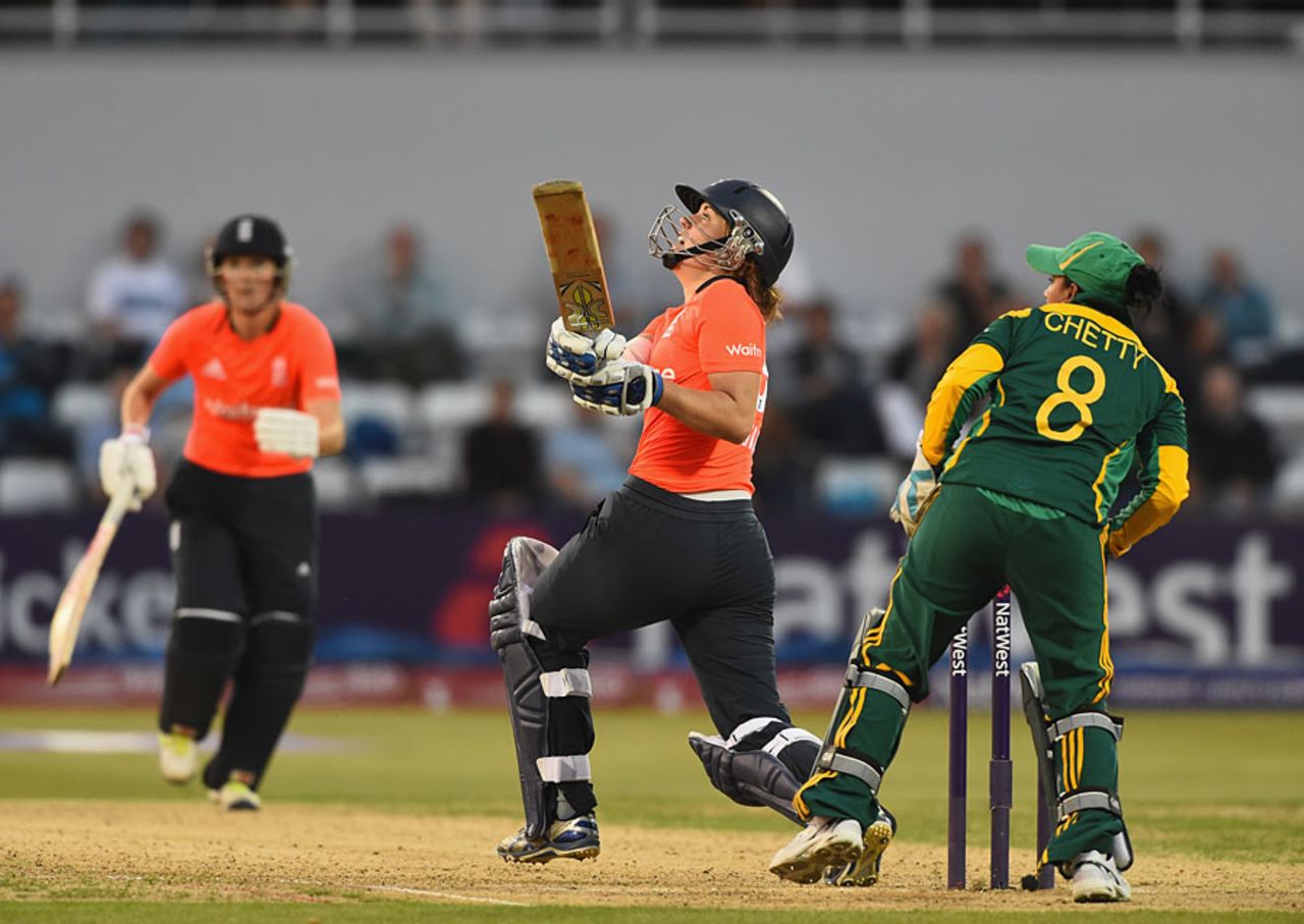 Nat Sciver hits high into the leg side, England v South Africa, 2nd women's T20, Wantage Road, September 3, 2014