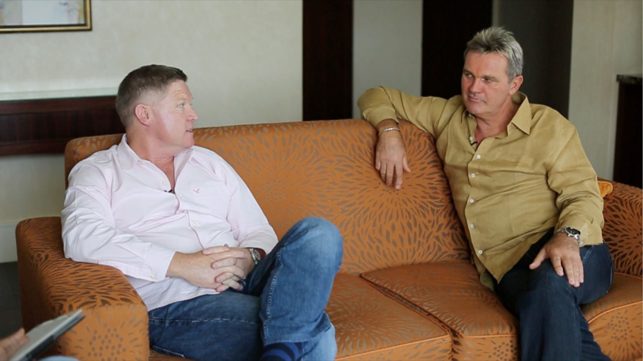 Daryll Cullinan and Martin Crowe at an ESPNcricinfo interview, 2014