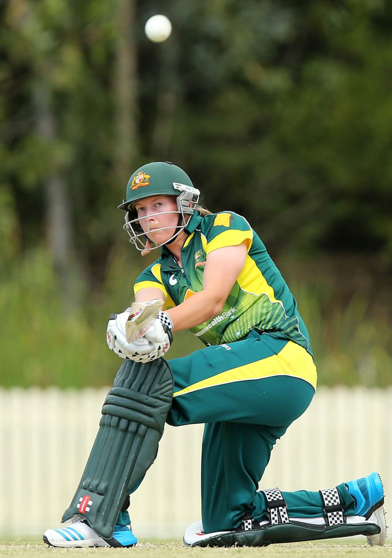 Meg Lanning plays a sweep shot, Australia v Pakistan, 4th women's T20, Gold Coast, September 5, 2014