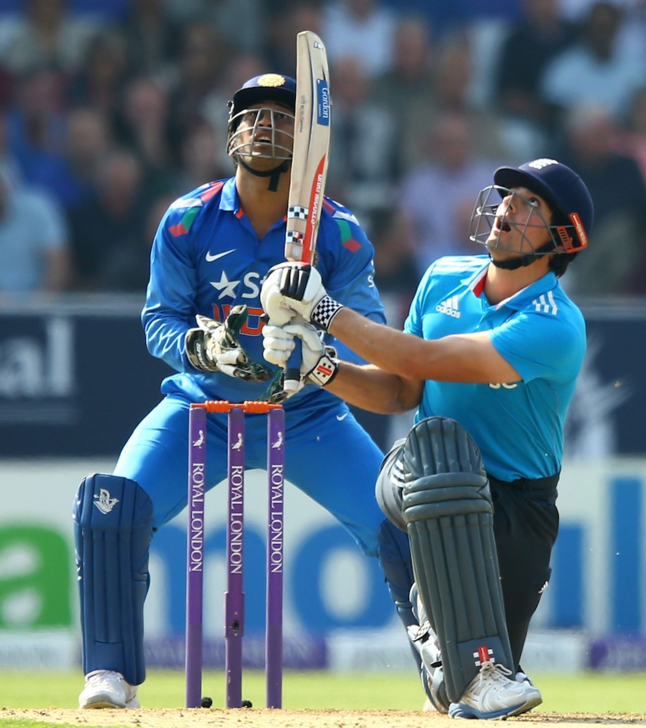 Alastair Cook and MS Dhoni look up as the ball takes the top edge, England v India, 5th ODI, Headingley, September 5, 2014