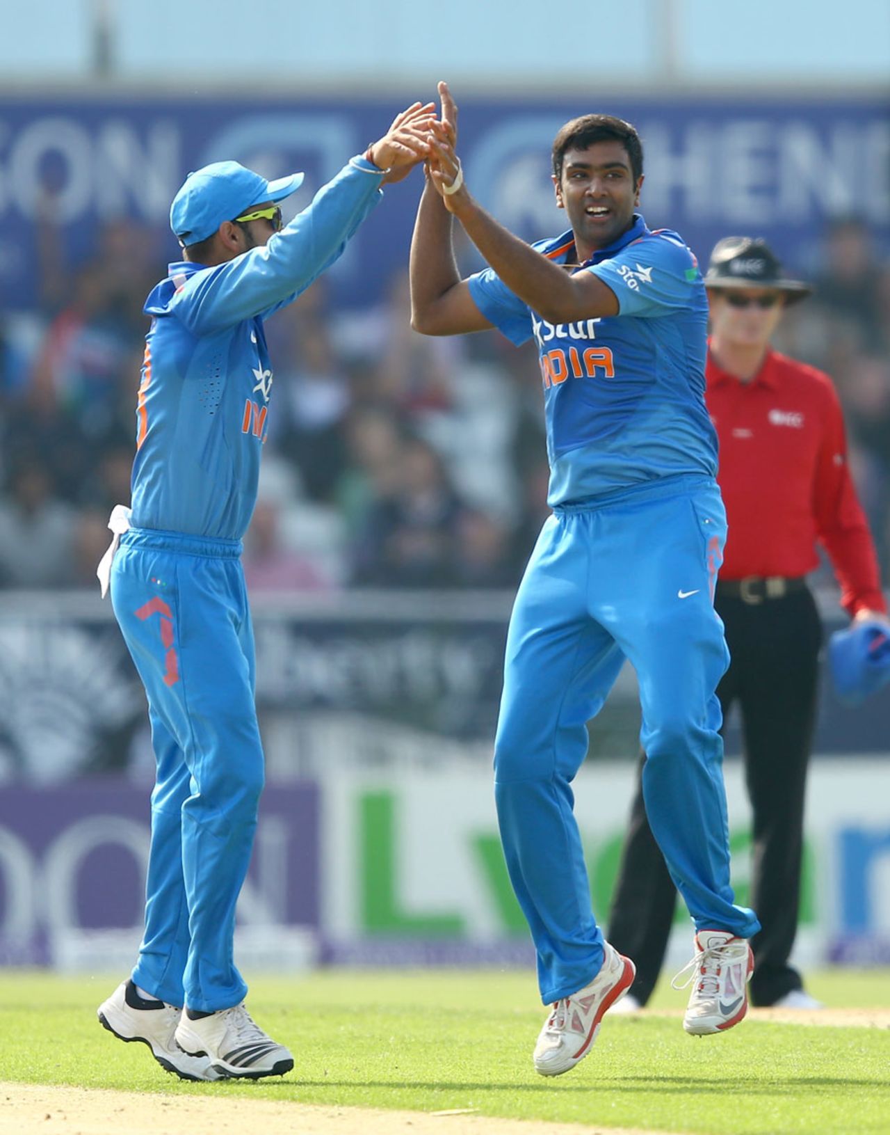 R Ashwin celebrates his dismissal of Eoin Morgan, England v India, 5th ODI, Headingley, September 5, 2014