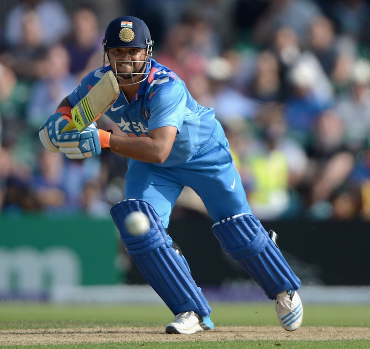 Suresh Raina has his eyes firmly on the ball, England v India, 5th ODI, Headingley, September 5, 2014