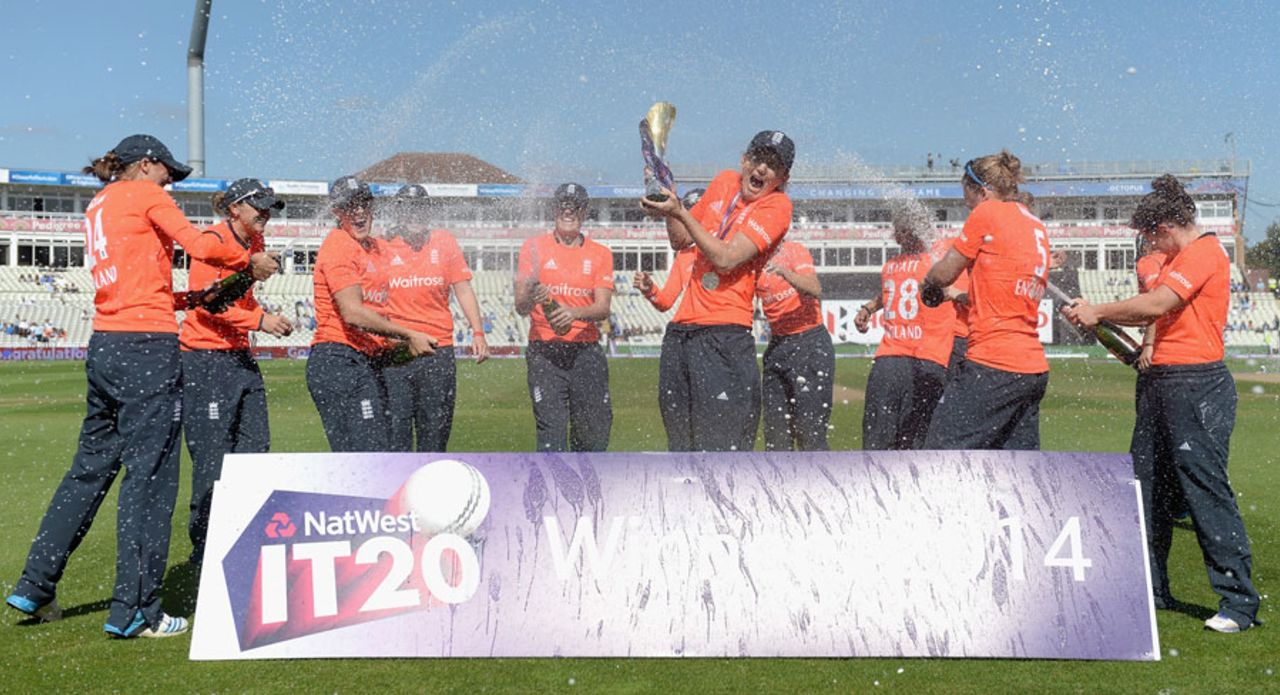 England spray the victory champagne, England v South Africa, 3rd women's T20, Edgbaston, September 7, 2014