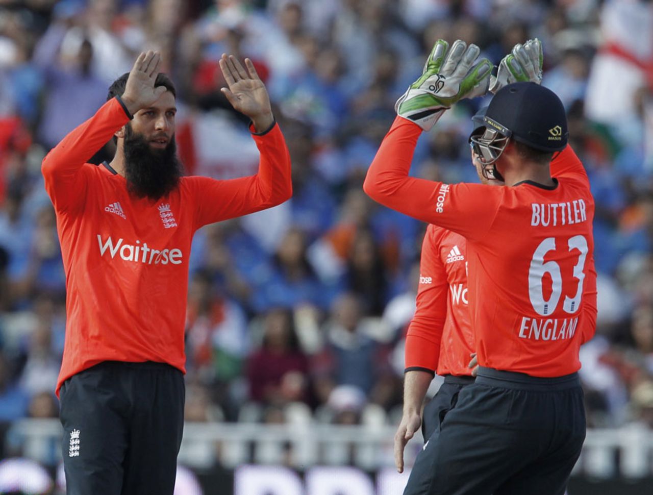 Moeen Ali picked up a wicket in his opening over, England v India, only T20, Edgbaston, September 7, 2014