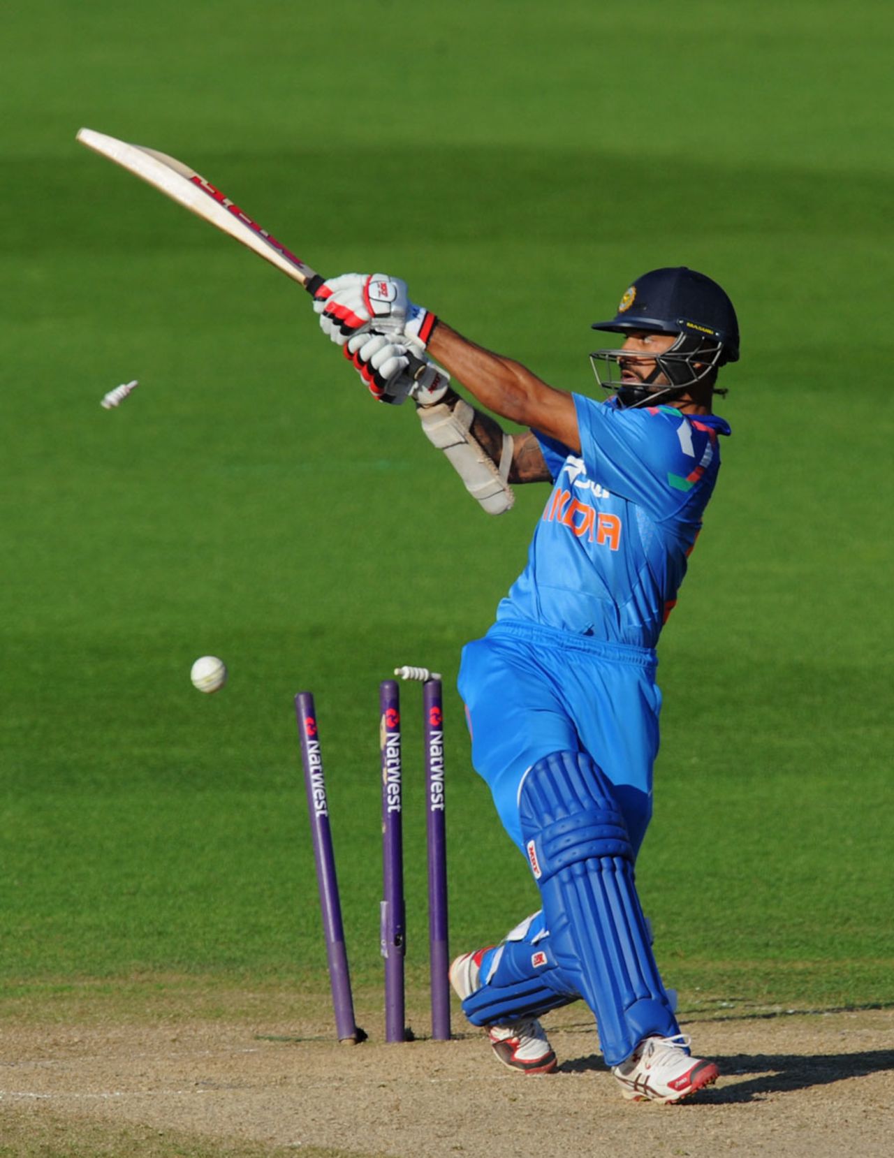 Shikhar Dhawan loses his leg stump, England v India, only T20, Edgbaston, September 7, 2014