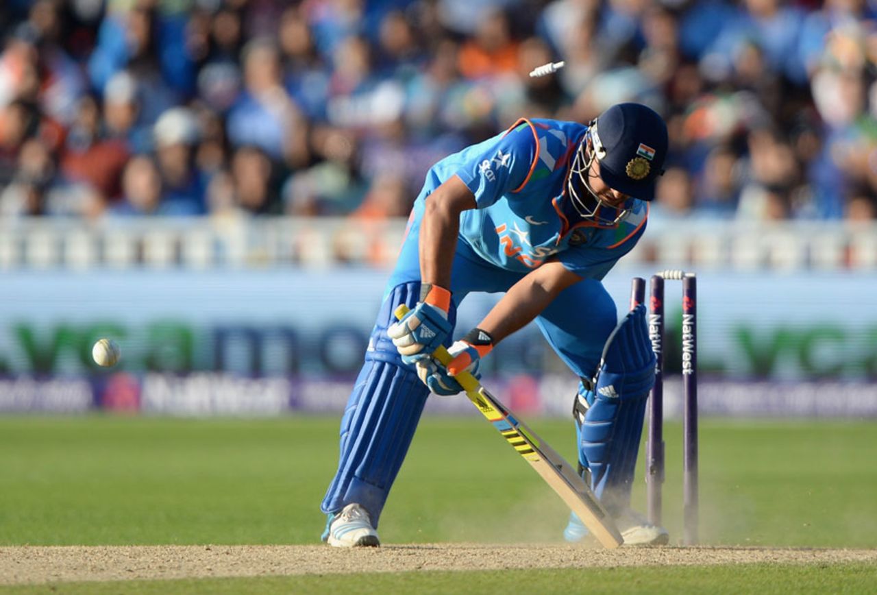 Suresh Raina was bowled by a Harry Gurney yorker, England v India, only T20, Edgbaston, September 7, 2014