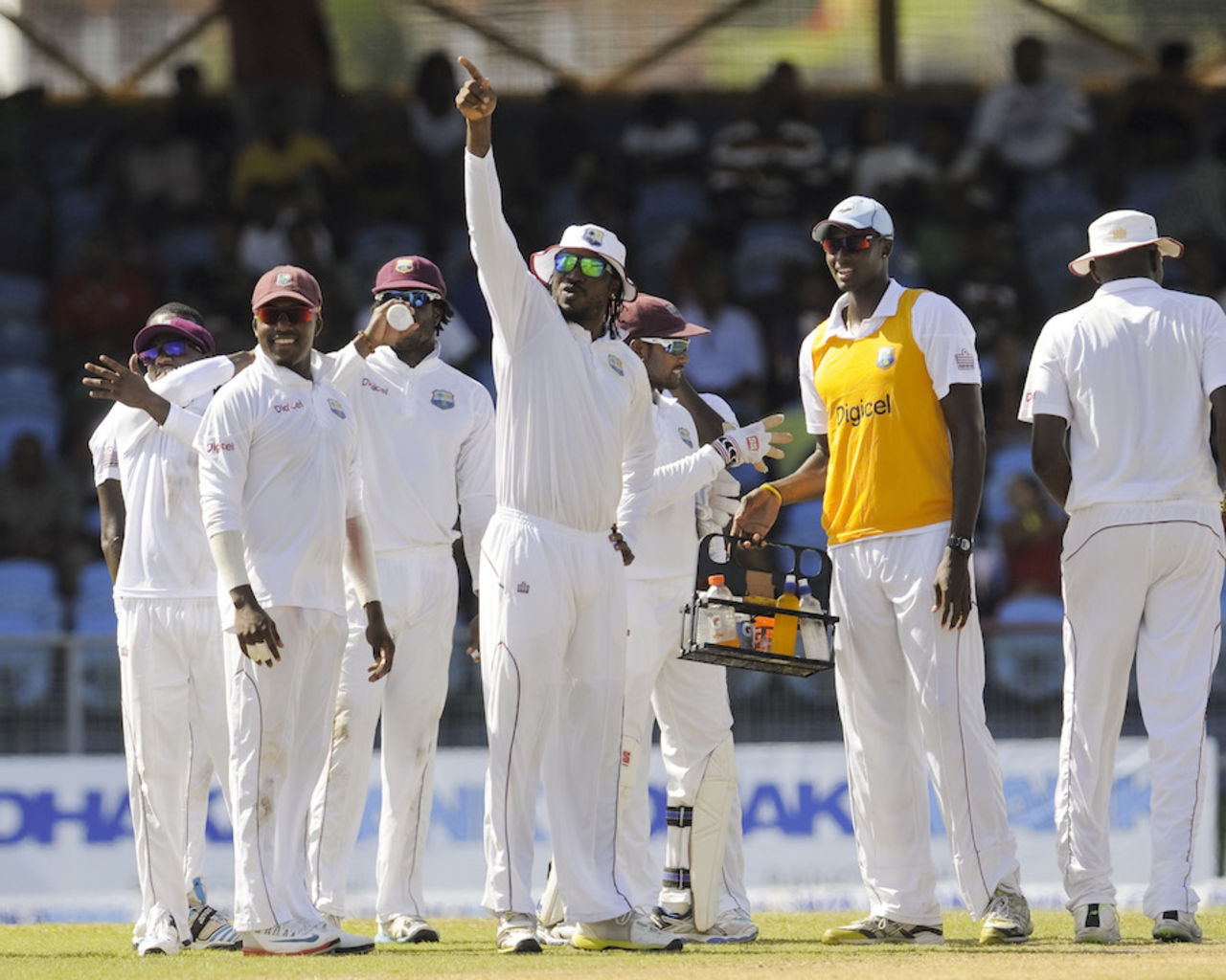 Chris Gayle gestures during a break, West Indies v Bangladesh, 1st Test, St Vincent, 3rd day, September 7, 2014