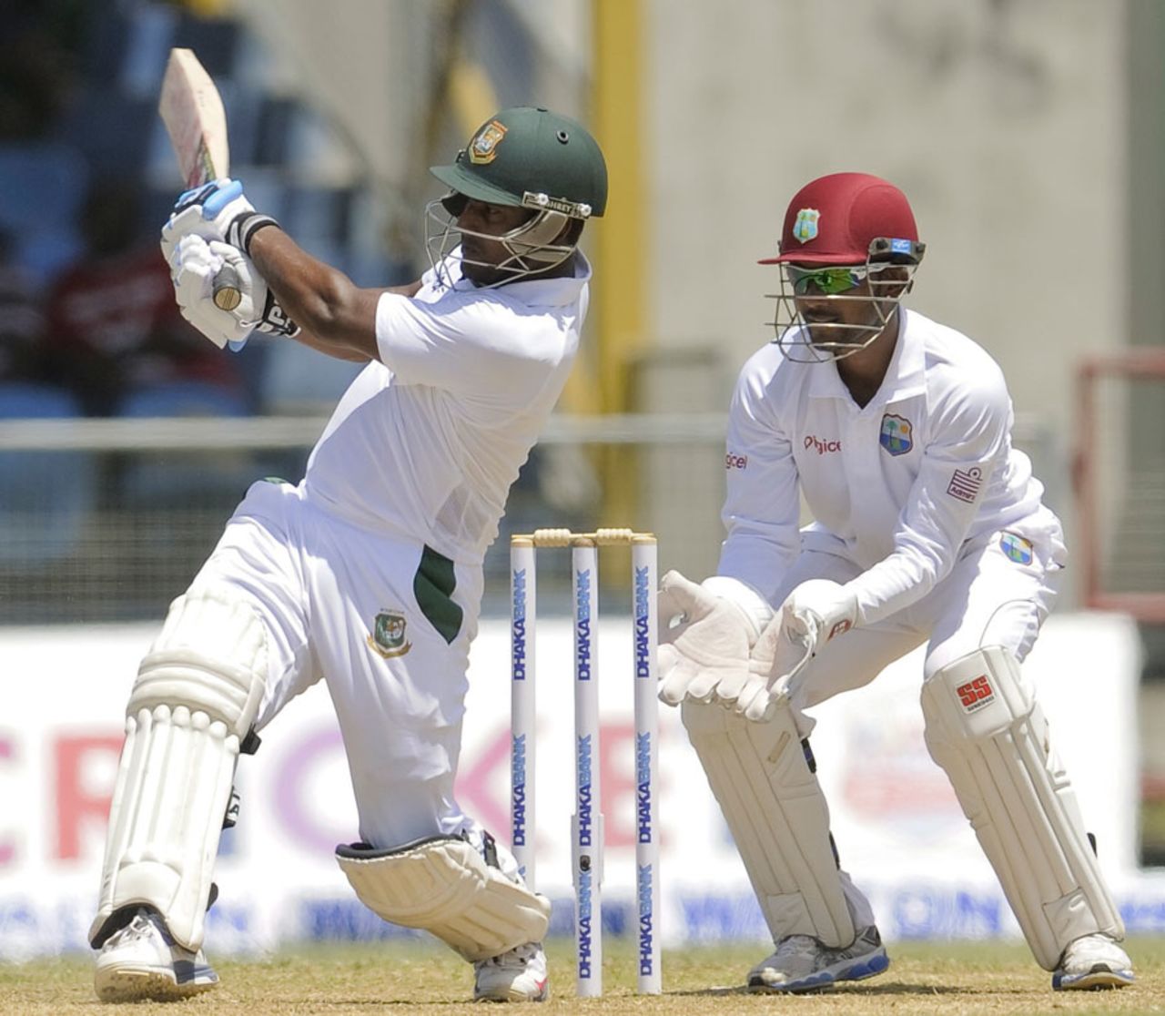 Imrul Kayes slogs one away to the leg side, West Indies v Bangladesh, 1st Test, St. Vincent, 4th day, September 8, 2014