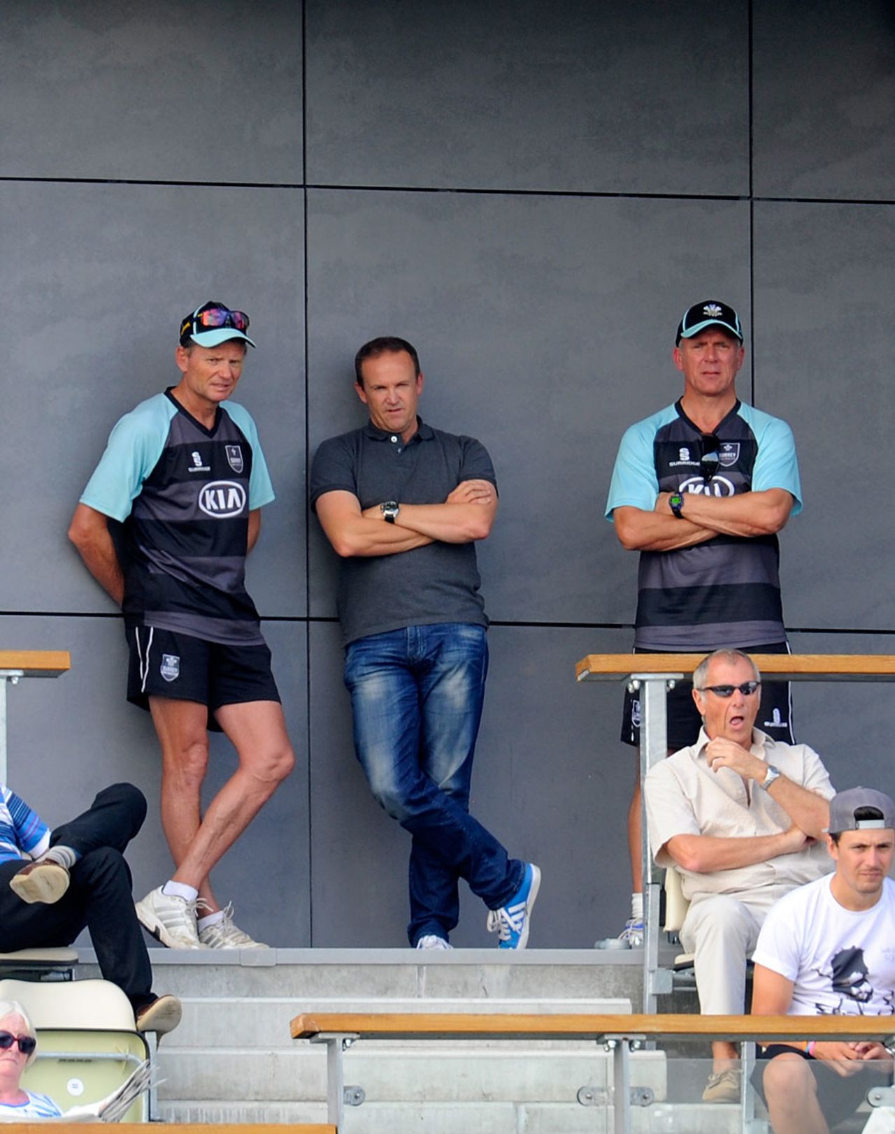 Andy Flower (centre) chats with Graham Ford and Alec Stewart, Worcestershire v Surrey, County Championship, Division Two, New Road, September 10, 2014