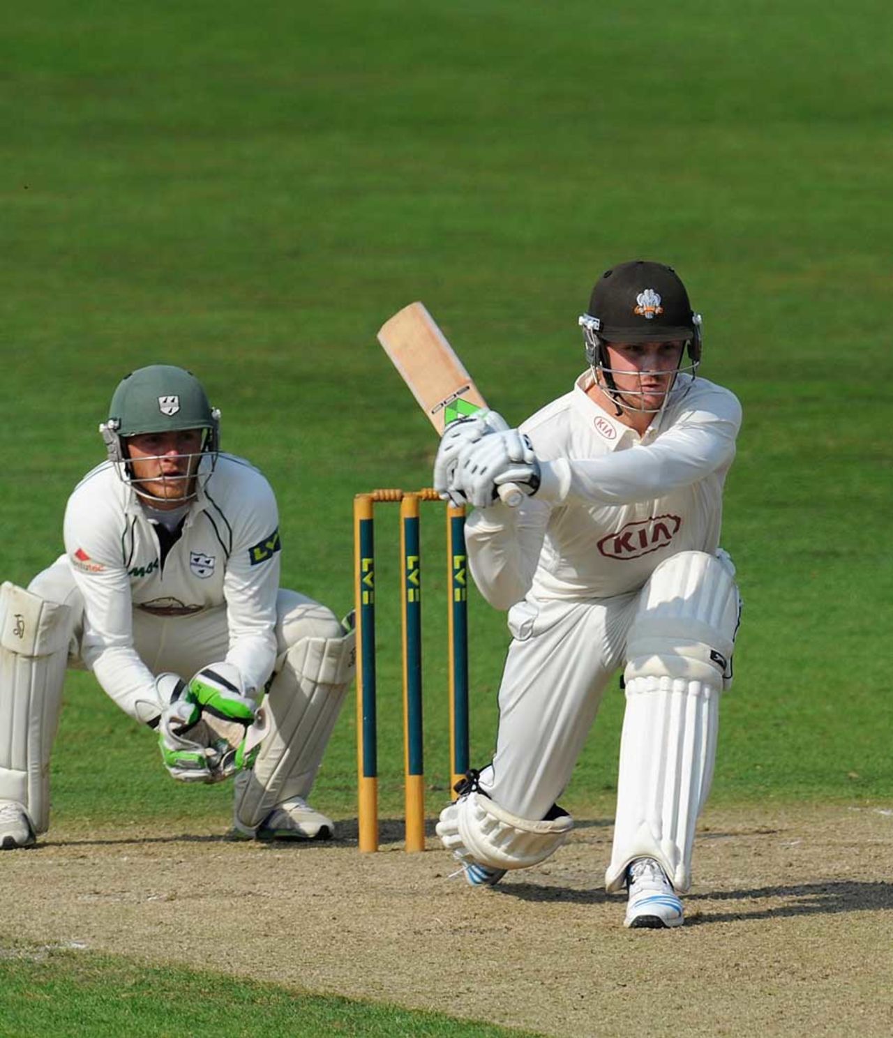 Jason Roy sweeps during his 103, Worcestershire v Surrey, County Championship, Division Two, New Road, September 10, 2014