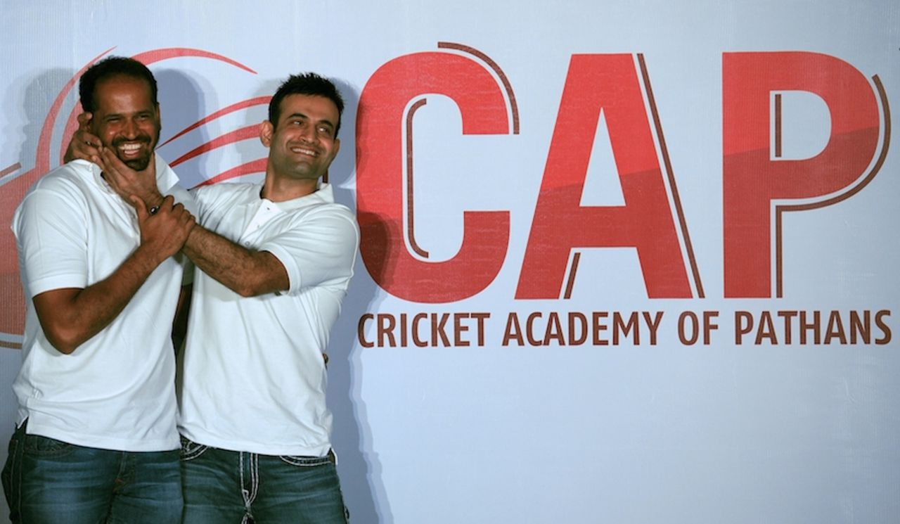 Yusuf and Irfan Pathan joke around during the launch of their cricket academy, Mumbai, September 11, 2014