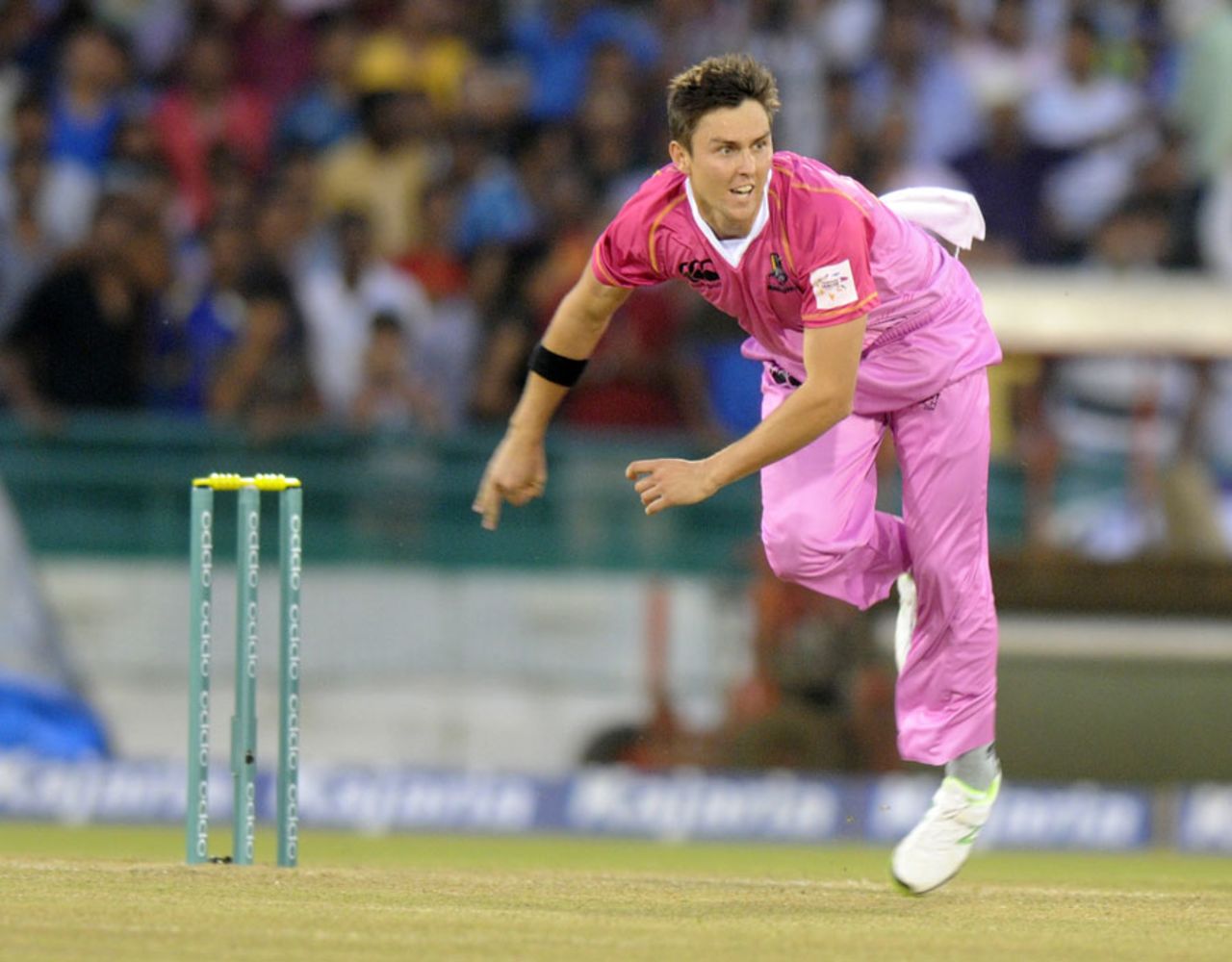 Trent Boult hurls in a delivery, Northern Knights v Southern Express, CLT20 qualifier, Raipur, September 13, 2014