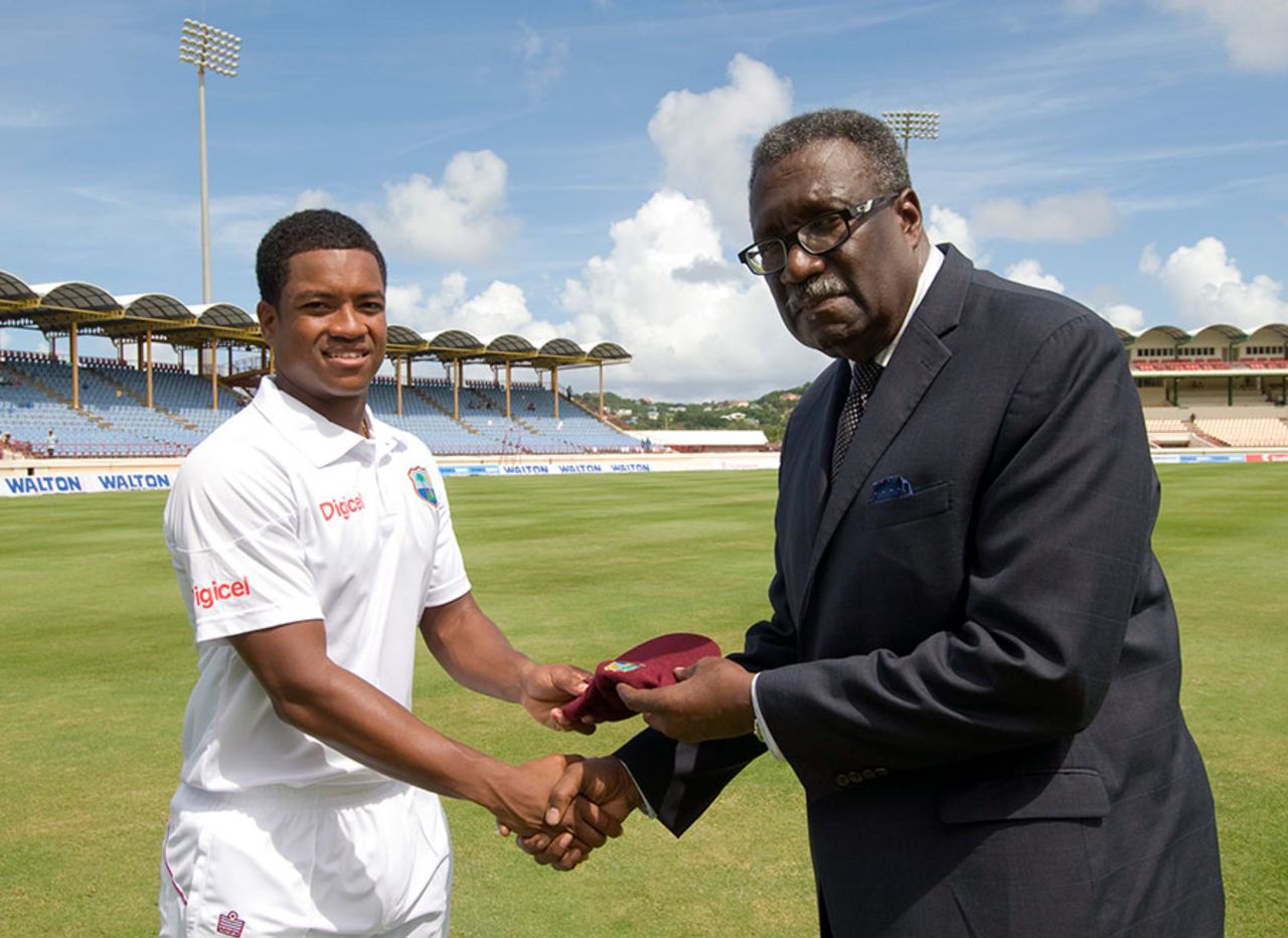 Leon Johnson receives his West Indies Test cap from Clive Lloyd, West Indies v Bangladesh, 2nd Test, St. Lucia, 1st day, September 13, 2014