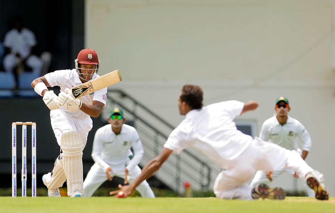 Leon Johnson drives Shafiul Islam down the ground, West Indies v Bangladesh, 2nd Test, St. Lucia, 1st day, September 13, 2014