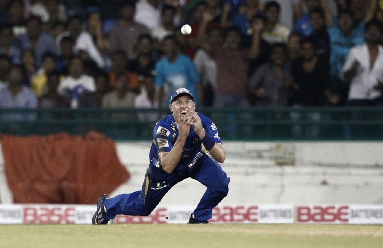 Michael Hussey is poised to take for a catch, Mumbai Indians v Lahore Lions, CLT20 qualifier, Raipur, September 13, 2014