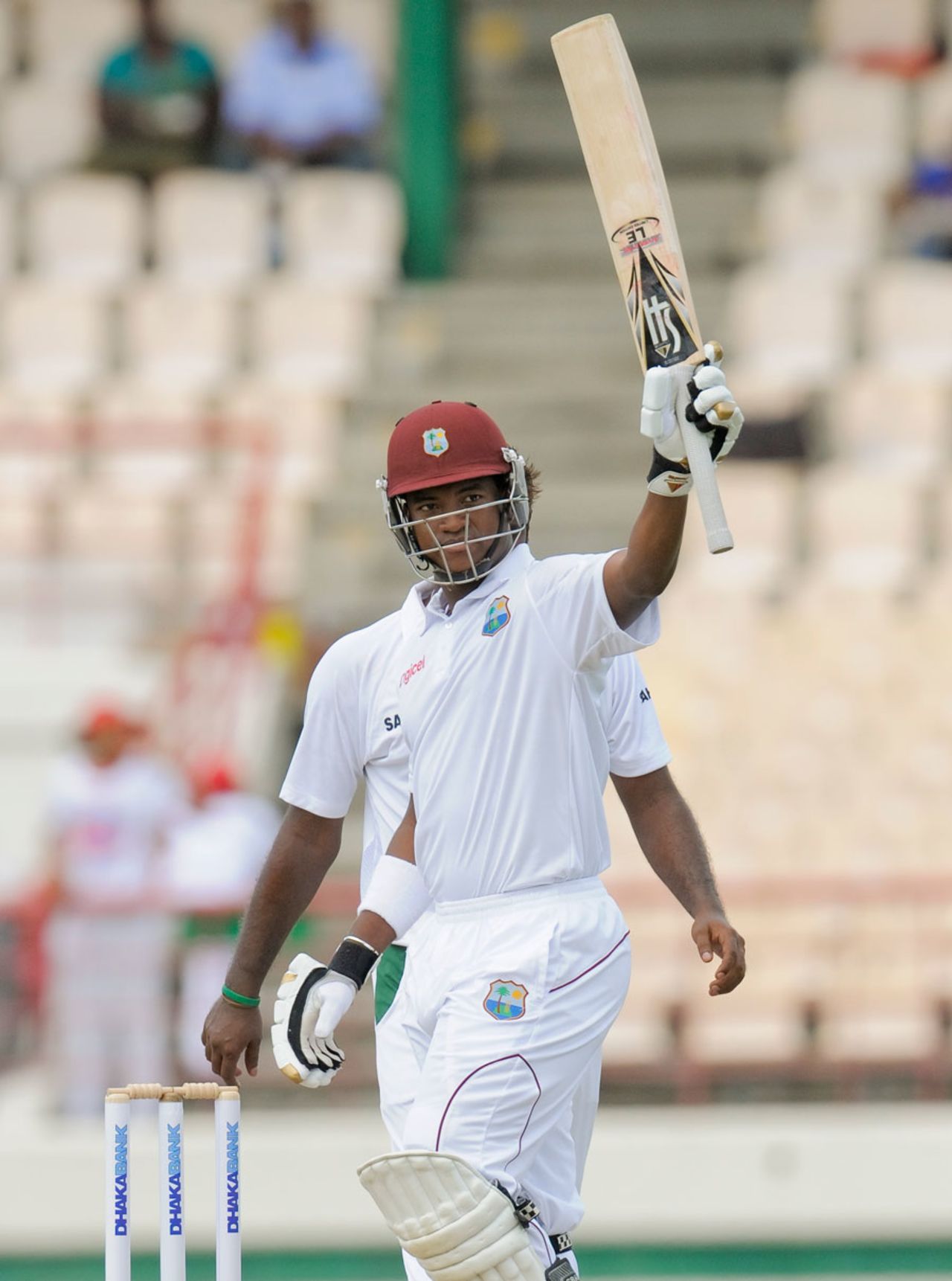 Leon Johnson acknowledges the crowd after scoring a maiden Test fifty, West Indies v Bangladesh, 2nd Test, St. Lucia, 1st day, September 13, 2014