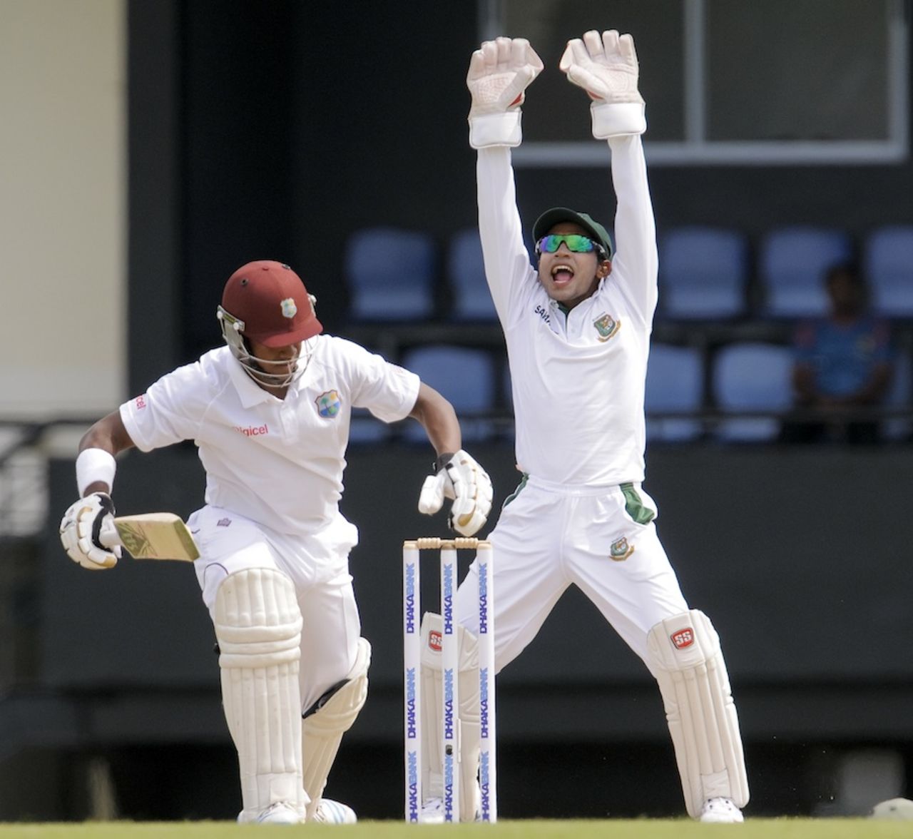 Mushfiqur Rahim appeals for an lbw against Leon Johnson, West Indies v Bangladesh, 2nd Test, St Lucia, 1st day, September 13, 2014