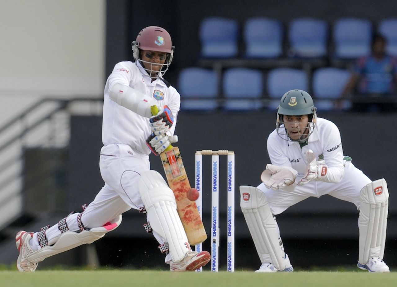 Shivnarine Chanderpaul defends, West Indies v Bangladesh, 2nd Test, St Lucia, 1st day, September 13, 2014
