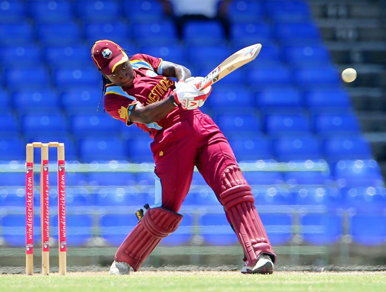 Deandra Dottin plays a lofted shot during her 82, West Indies v New Zealand, 2nd women's ODI, St Kitts, September 14, 2014