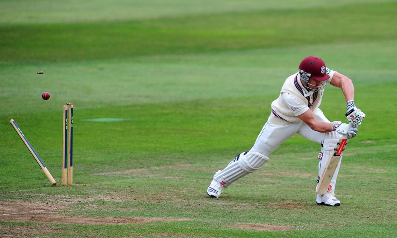 Nick Compton loses his off stump, Somerset v Middlesex, County Championship, Division One, Taunton, 1st day, September 15, 2014