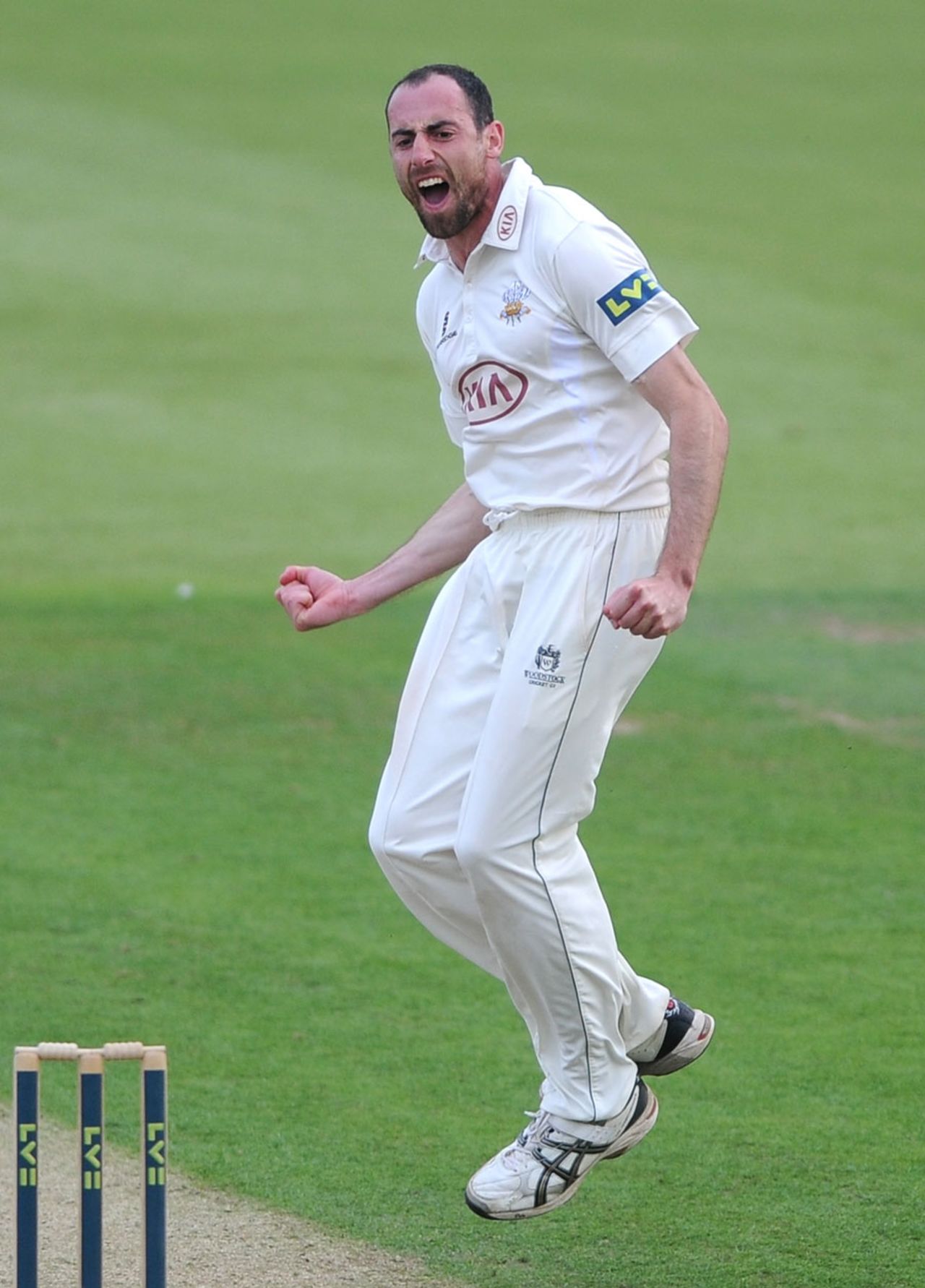 Tim Linley celebrates a wicket in exuberant fashion, Surrey v Derbyshire, County Championship, Division Two, The Oval, 1st day, September 15, 2014