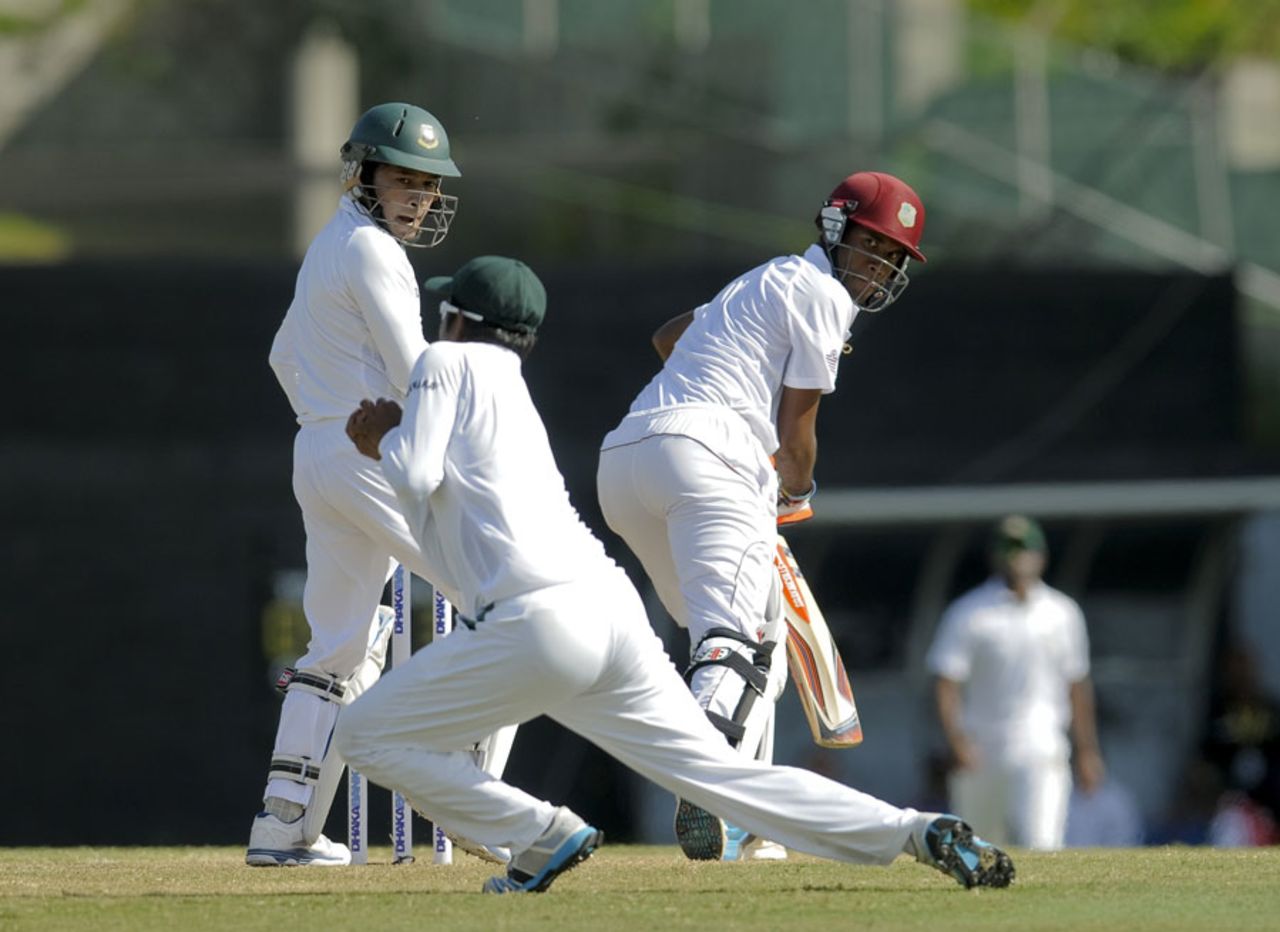 Kraigg Brathwaite looks back after edging to Shamsur Rahman , West Indies v Bangladesh, 2nd Test, St. Lucia, 3rd day, September 15, 2014