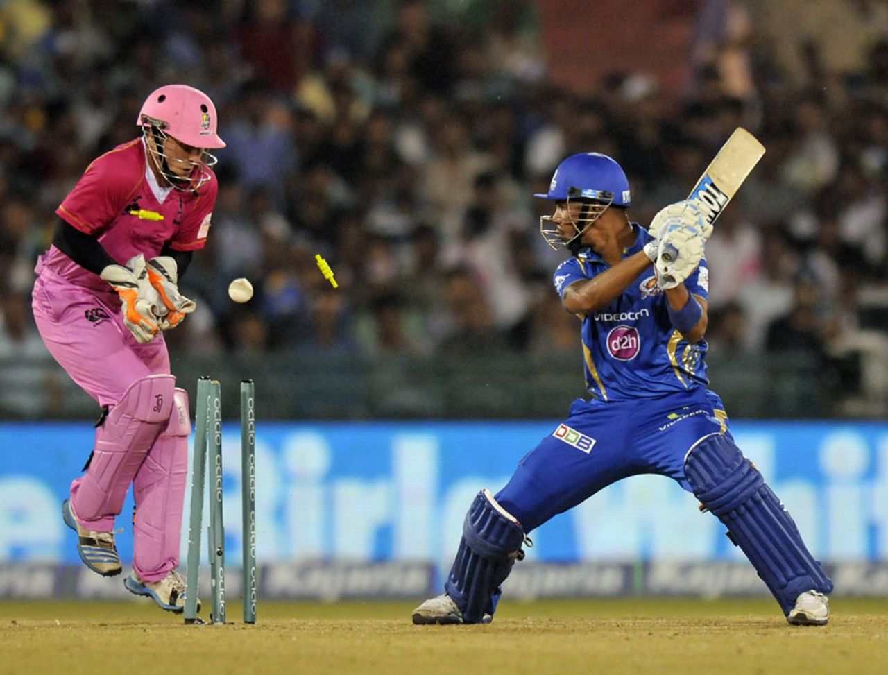 Lendl Simmons was bowled by Scott Styris for 13, Mumbai Indians v Northern Knights, CLT20 qualifier, Raipur, September 16, 2014