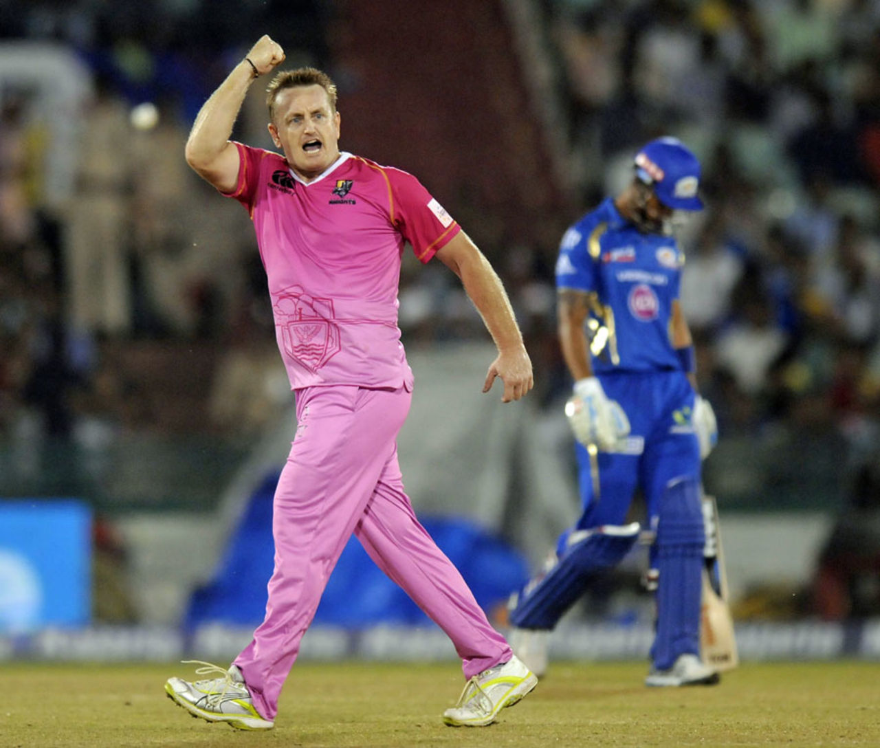 Scott Styris celebrates after taking a wicket, Mumbai Indians v Northern Knights, CLT20 qualifier, Raipur, September 16, 2014