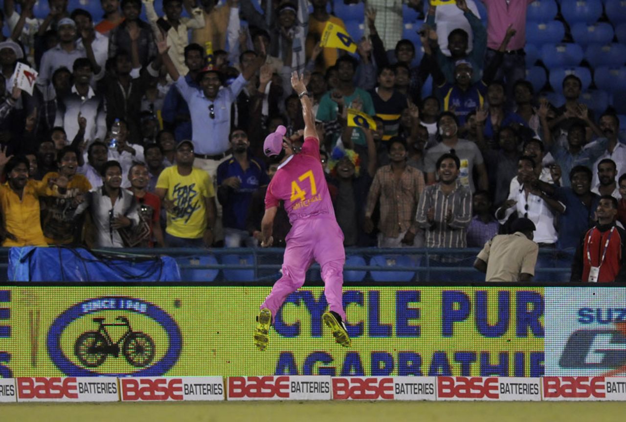 Daryl Mitchell attempts a catch near the boundary, Mumbai Indians v Northern Knights, CLT20 qualifier, Raipur, September 16, 2014