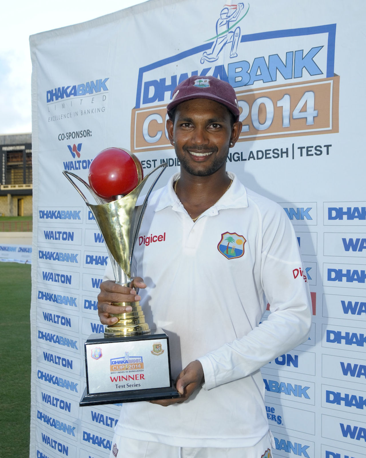 Denesh Ramdin poses with the trophy after his first series win as captain, West Indies v Bangladesh, 2nd Test, St Lucia, 4th day, September 16, 2014