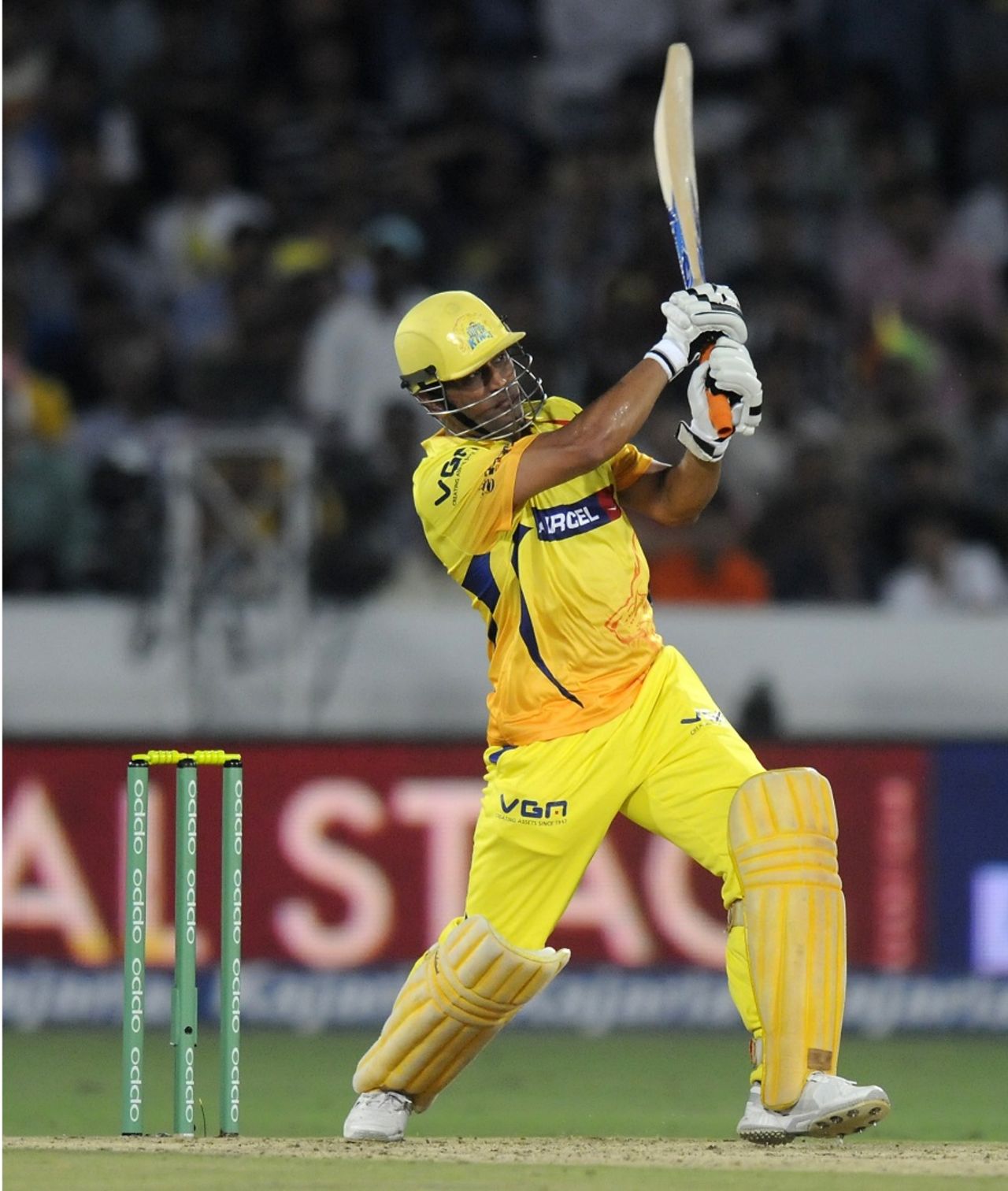 MS Dhoni hammers the ball over the top, Chennai Super Kings v Kolkata Knight Riders, CLT20, Hyderabad, September 17, 2014