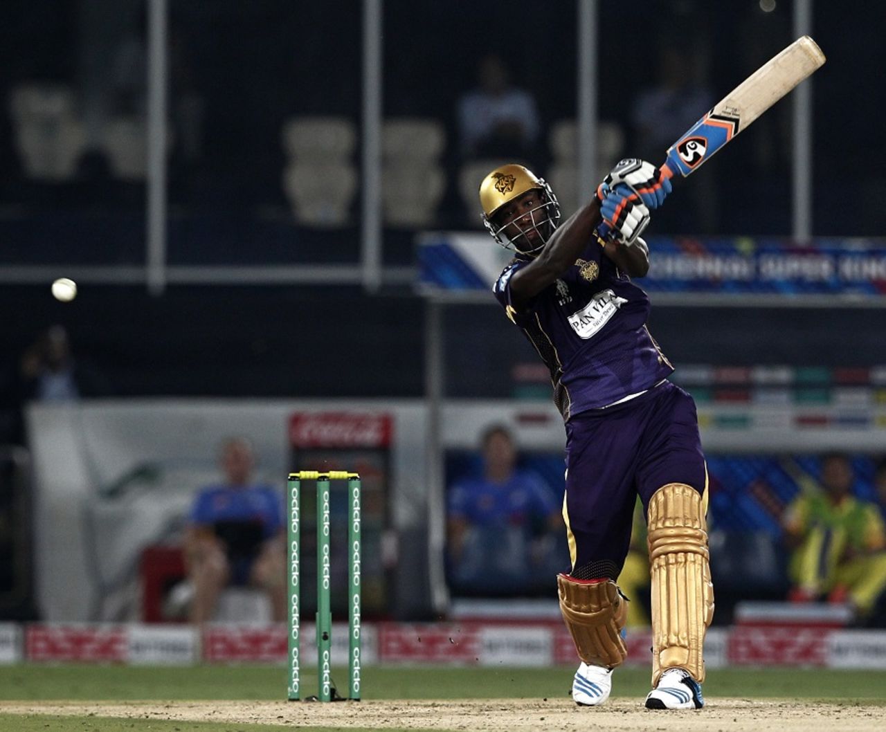 Andre Russell clobbers the ball into the off side, Chennai Super Kings v Kolkata Knight Riders, CLT20, Hyderabad, September 17, 2014