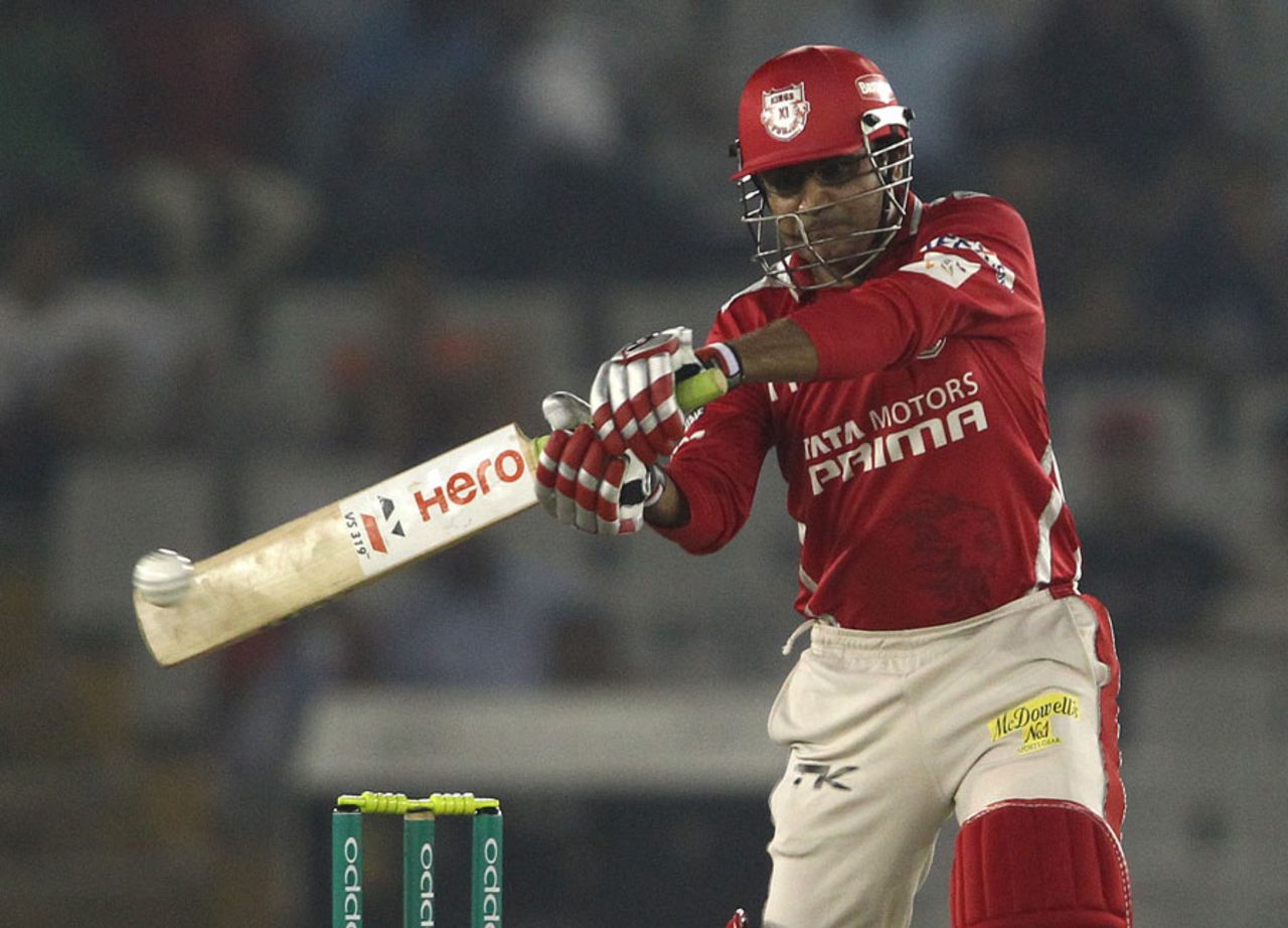 Virender Sehwag holed out for a golden duck, Kings XI Punjab v Hobart Hurricanes, Champions League T20, Mohali, September 18, 2014