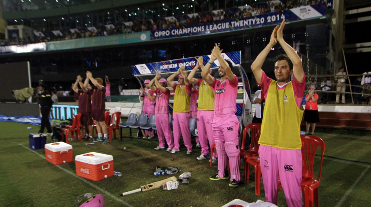 Northern Knights applaud Kane Williamson after he reaches his ton, Cape Cobras v Northern Knights, Champions League T20, Raipur, September 19, 2014