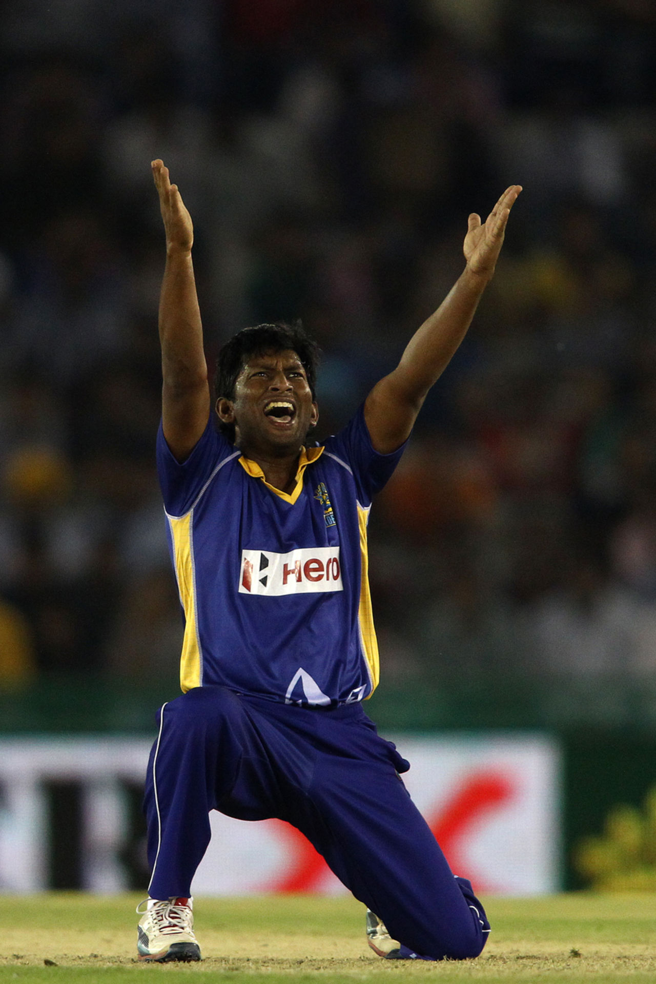 Jeevan Mendis pleads with the umpire, Kings XI Punjab v Barbados Tridents, Champions League T20, Mohali, September 20, 2014