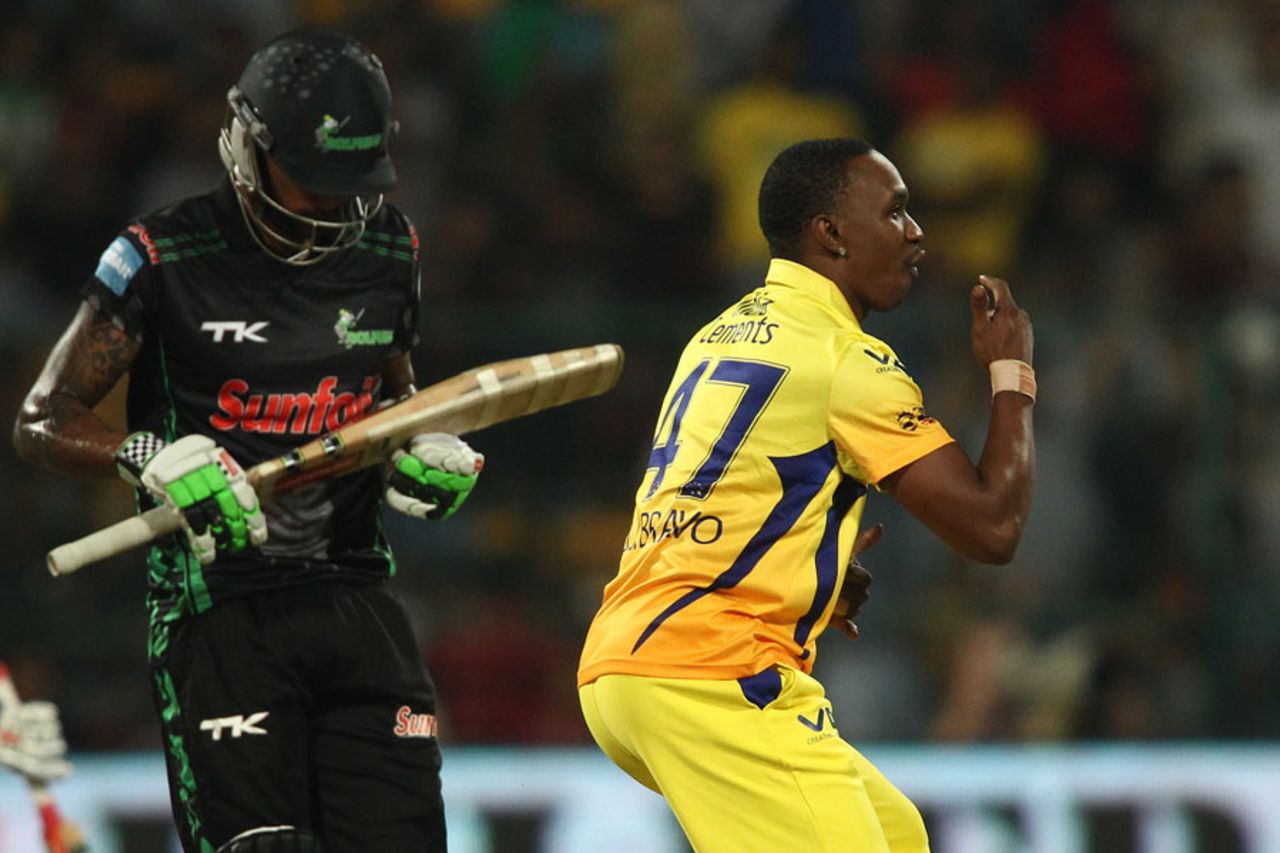 Dwayne Bravo signals the end of Cody Chetty, Chennai Super Kings v Dolphins, CLT20, Group A, Bangalore, September 22, 2014