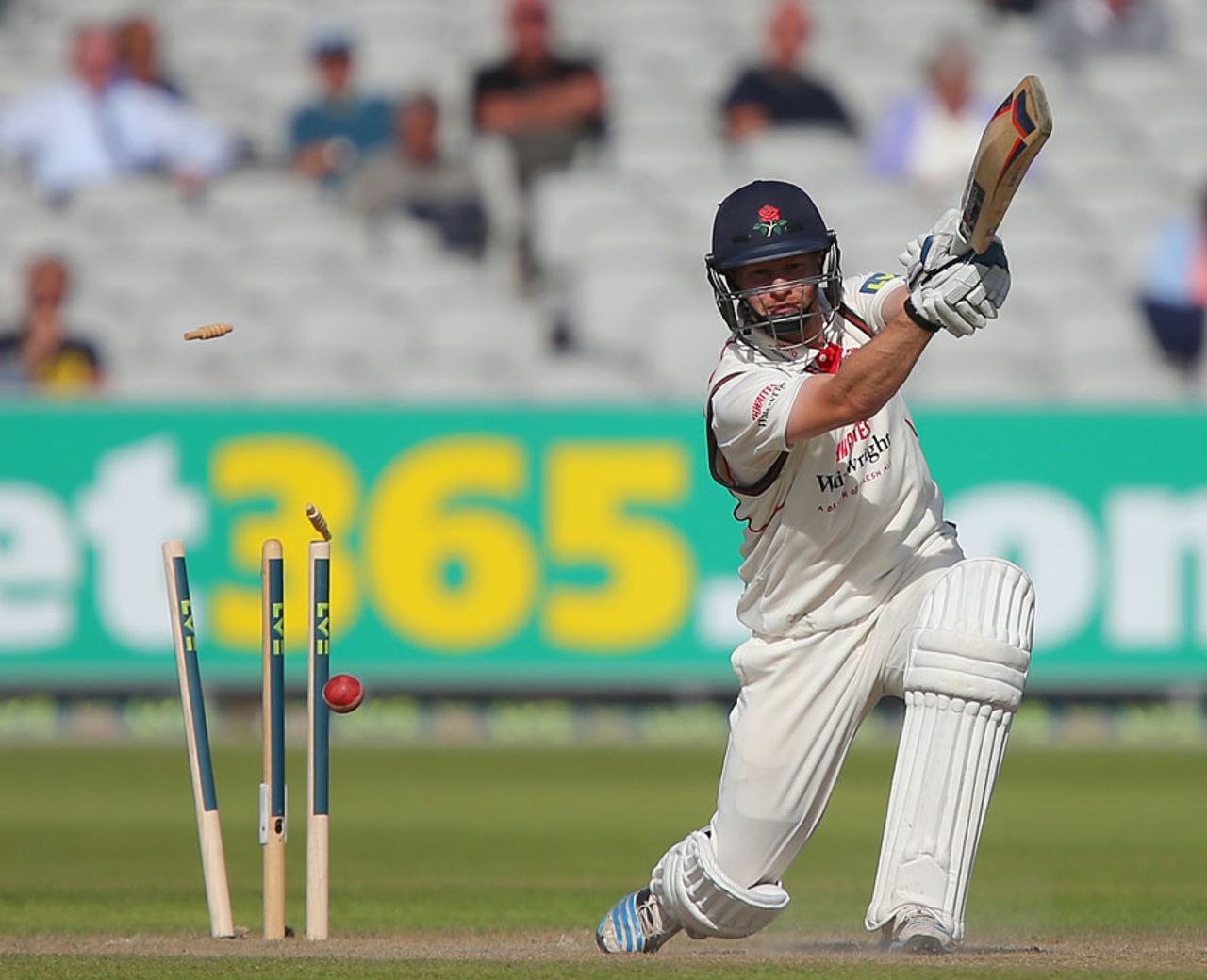 Karl Brown was bowled by James Harris, Lancashire v Middlesex, County Championship, Division One, Old Trafford, September 24, 2014