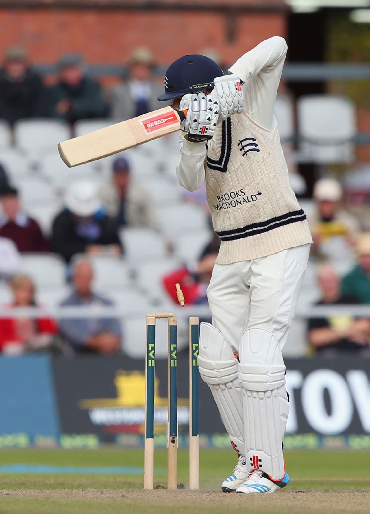 Neil Dexter chopped onto his leg stump, Lancashire v Middlesex, County Championship, Division One, Old Trafford, September 26, 2014