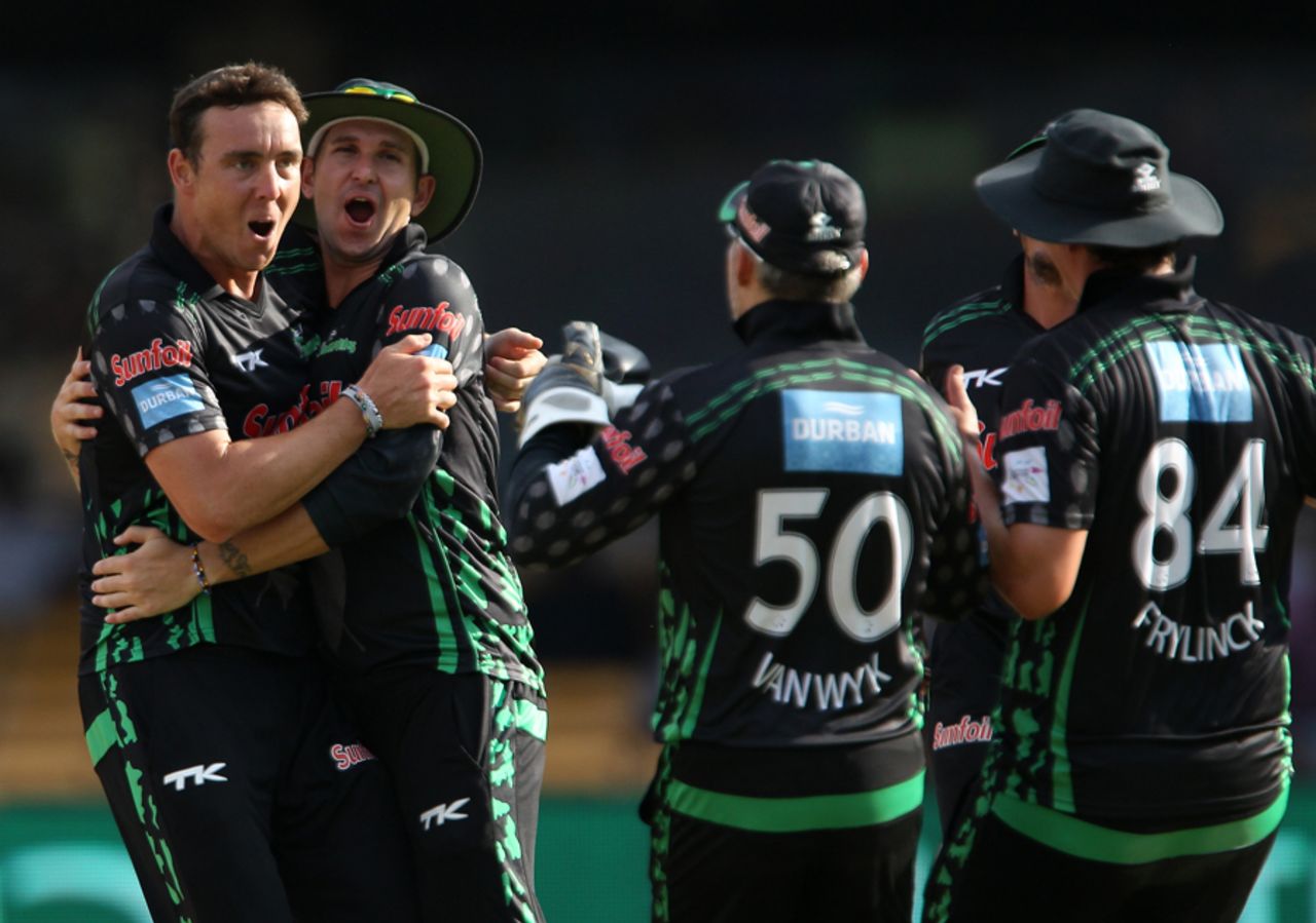 Dolphins get together after Kyle Abbott dismisses Agha Salman, Dolphins v Lahore Lions, Champions League T20, Bangalore, September 27, 2014